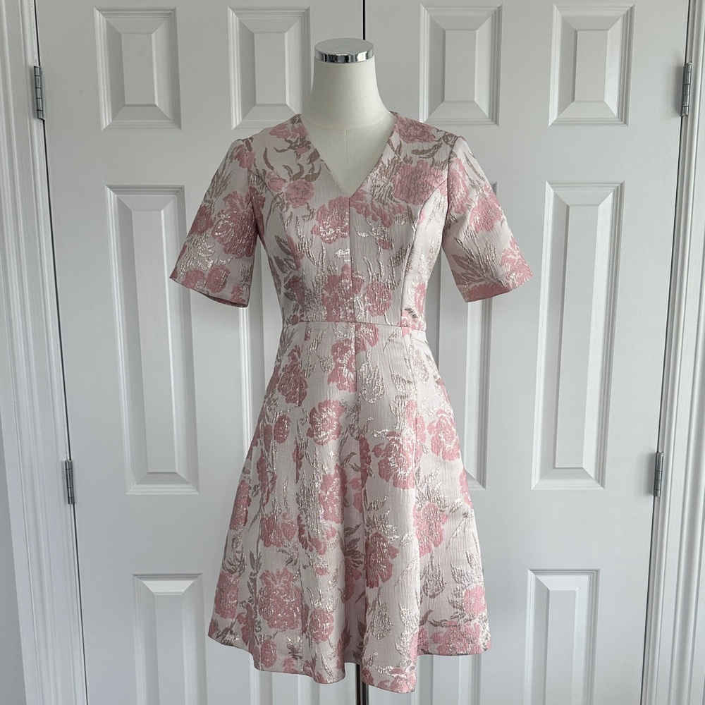 Gal Meets Glam Floral Pink Jacquard Wedding Guest Bridal Shower Mini Dress 0P